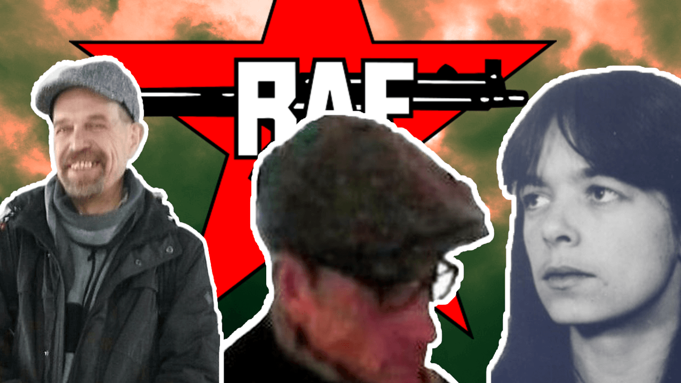 Die drei mutmaßlichen RAF-Terrorristen vor einem RAF-Logo