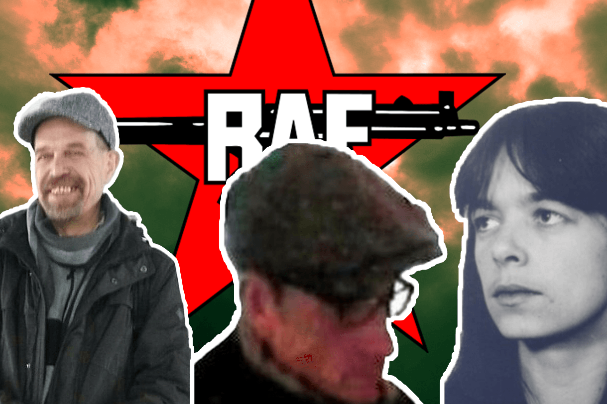 Die drei mutmaßlichen RAF-Terrorristen vor einem RAF-Logo