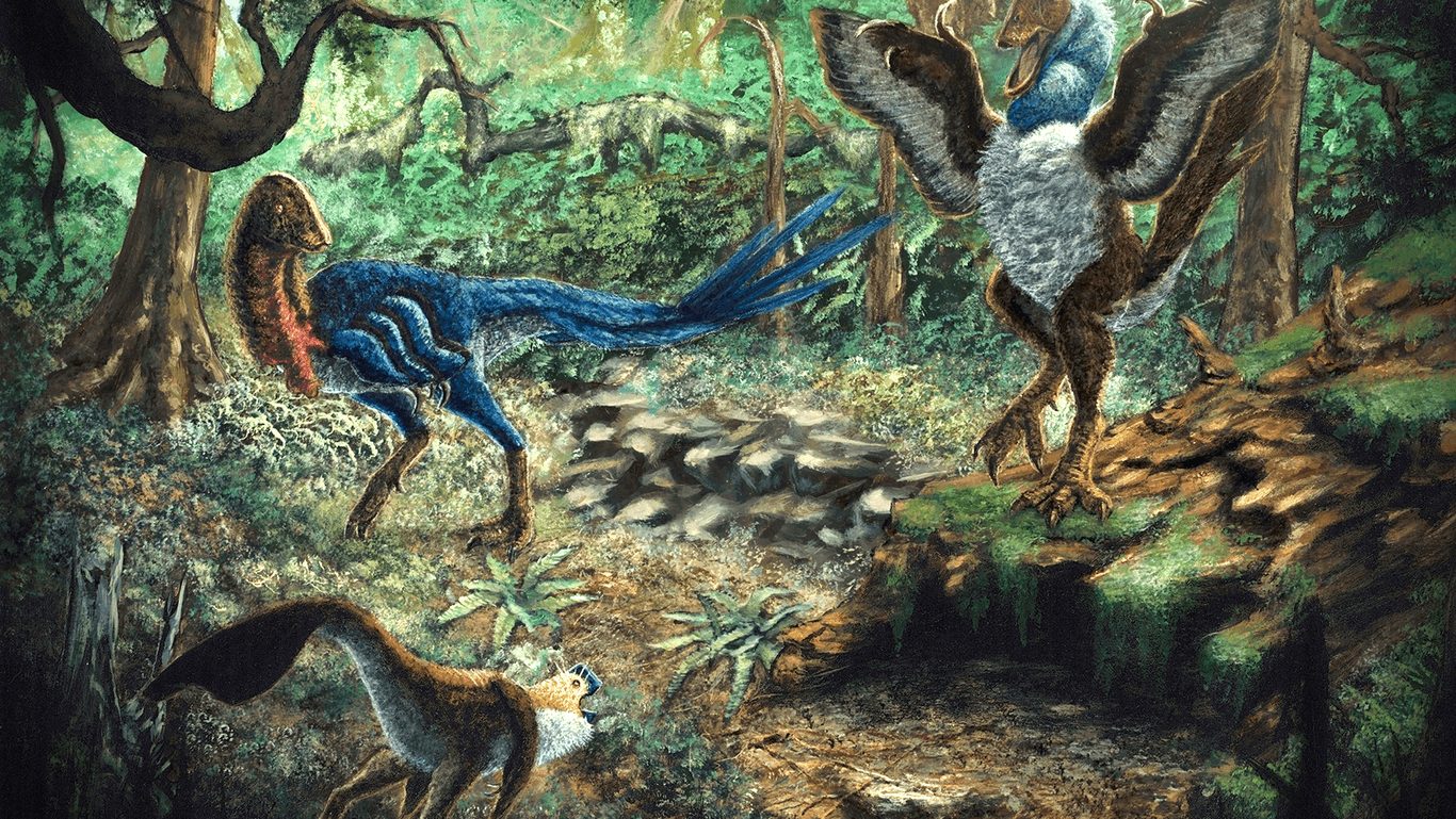 Künstlerische Darstellung von Eoneophron infernalis (oben links), MOR 752 (unten links) und Anzu wyliei (rechts) in der Hell Creek Formation.