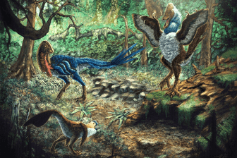 Künstlerische Darstellung von Eoneophron infernalis (oben links), MOR 752 (unten links) und Anzu wyliei (rechts) in der Hell Creek Formation.