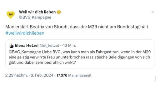 Inzwischen gelöschter Post der BVG: