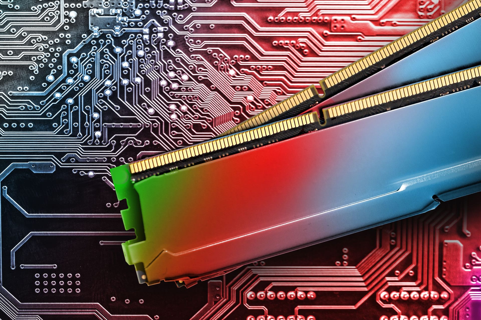 Computer memory RAM on circuit motherboard background .