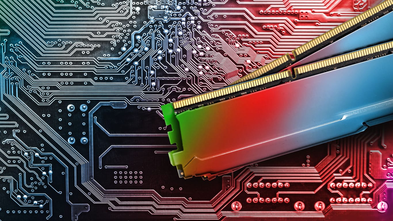 Computer memory RAM on circuit motherboard background .