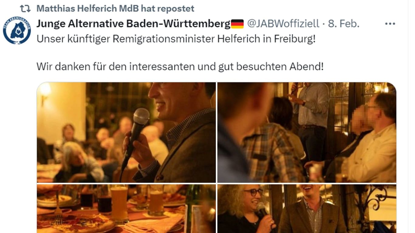 Der AfD-Bundestagsabgeordnete Matthias Helferich kündigte Unterstützung für die Junge Alternative in NRW an: Er gefällt sich sich als "unser künftiger Remigrationsminister".