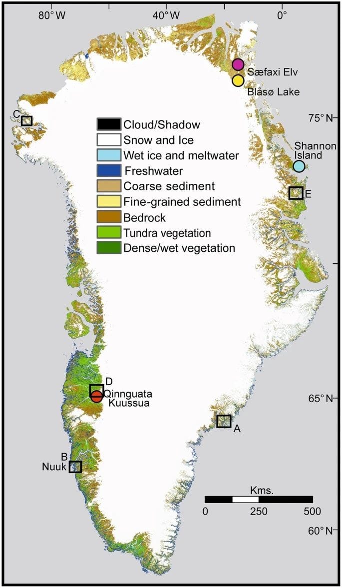 Eine Karte zeigt die Ausdehnung von Grünflächen in Grönland.