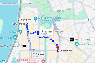 Rund 15 Minuten braucht man zu Fuß vom "alten" Düsseldorfer Zentrum zum "neuen" in Google Maps.