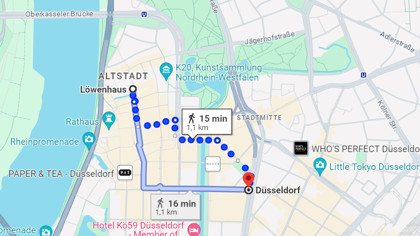 Rund 15 Minuten braucht man zu Fuß vom "alten" Düsseldorfer Zentrum zum "neuen" in Google Maps.