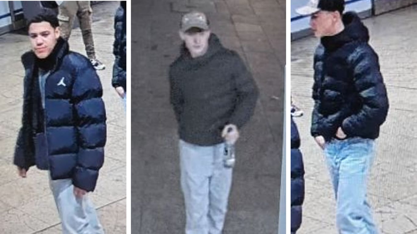Die Polizei sucht mit diesen drei Bildern nach den zwei Männern.