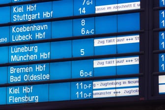 Anzeigetafel mit Warnhinweis "Zug fällt aus" (Symbolbild): Am Dienstag legen die Lokführer erneut die Arbeit für einen Tag nieder.