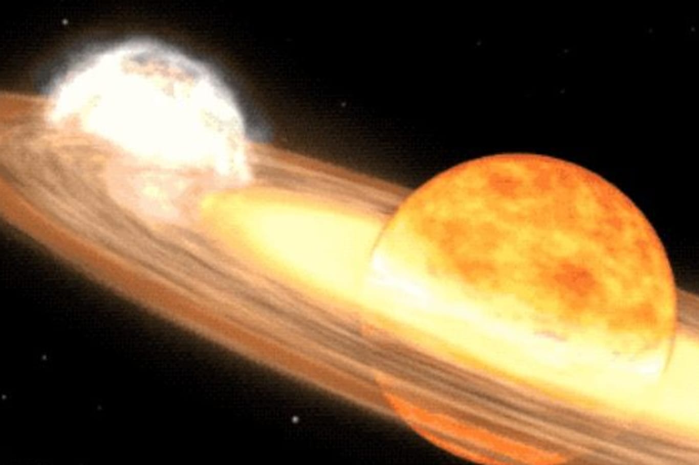 "T Coronae Borealis" ist ein Doppelsternsystem mit einem Weißen Zwerg und einem Roten Riesen.