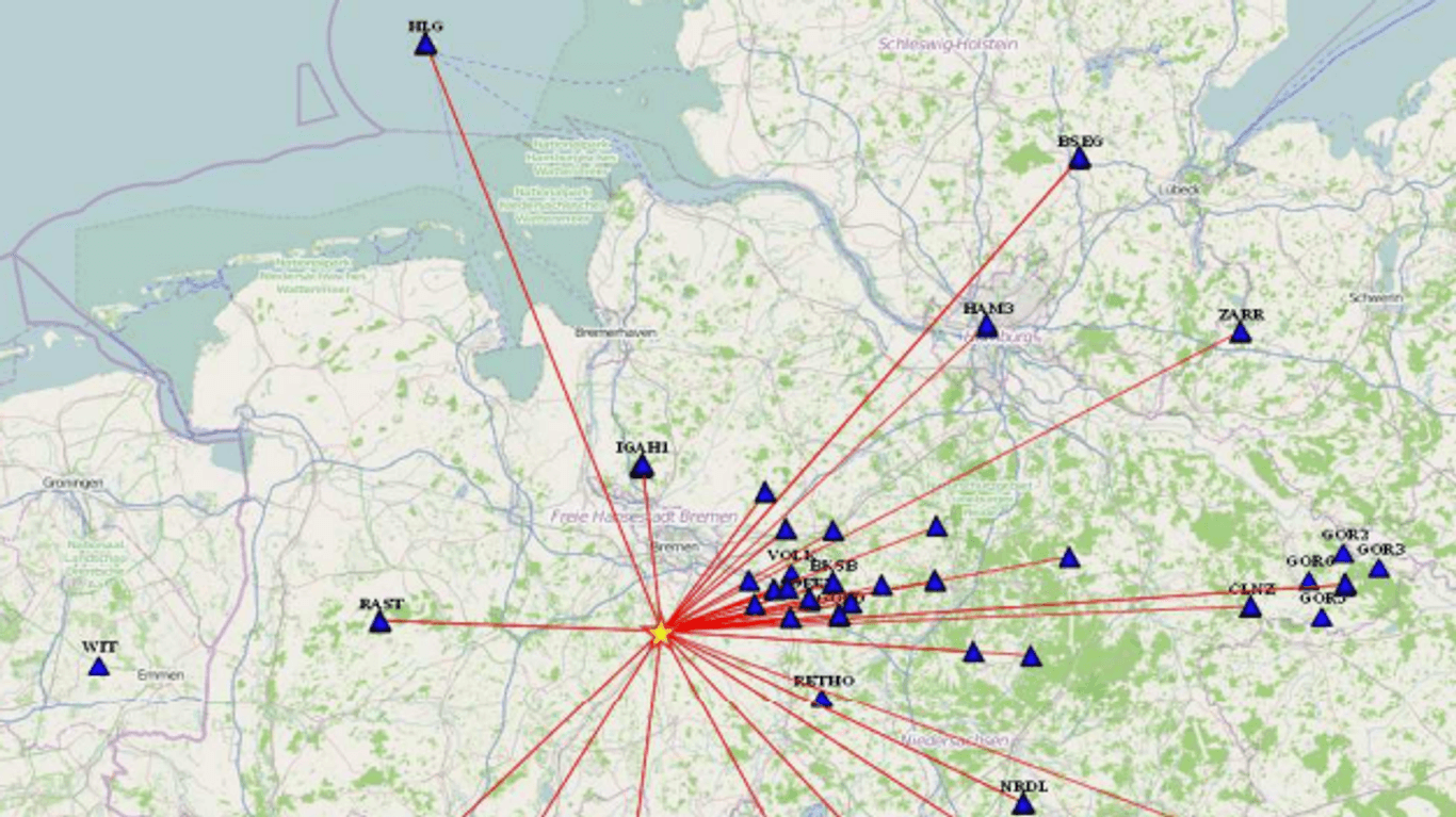 Das Epizentrum zahlreicher Erdbeben bei Syke (gelber Stern) strahlt bis zu Messgeräten in der Nordsee aus. Das zeigt eine Karte des Landesamts für Bergbau, Energie und Geologie (LBEG).