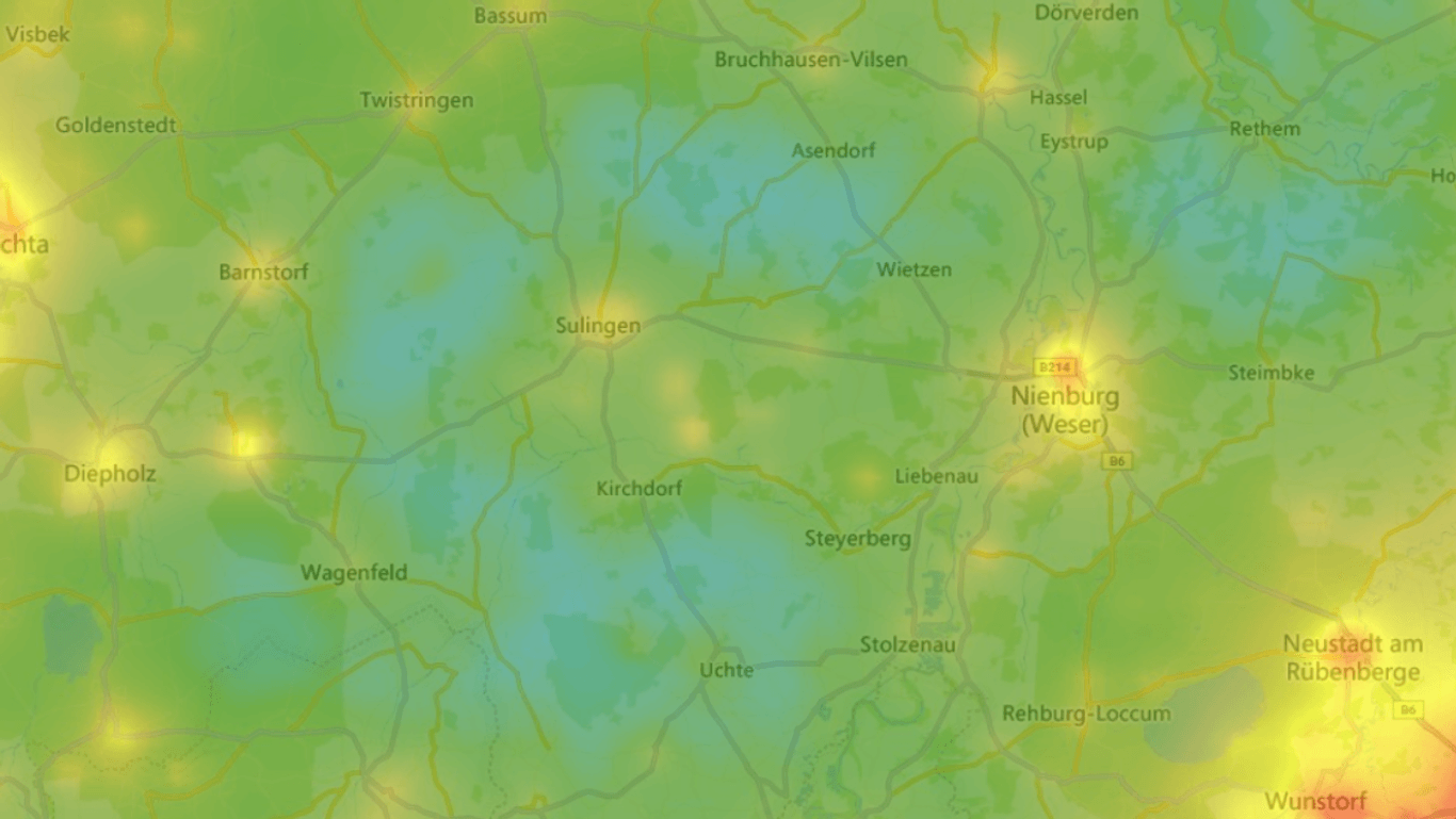 Insbesondere im Bremer Süden ist die Lichtverschmutzung gering, das zeigen die blauen und grün eingefärbten Flächen. Hier ist der Sternhimmel wesentlich besser zu sehen, als in der Stadt.