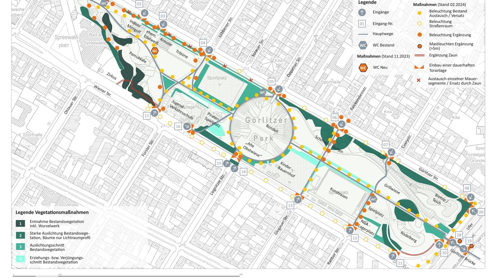 Berlin: Ein Maßnahmenplan Görlitzer Park, am 06.03.2024 von der Senatsverwaltung für Mobilität, Verkehr, Klimaschutz und Umwelt zur Verfügung gestellt. Nun nehmen die Pläne für den Umbau und die nächtliche Schließung des Görlitzer Parks in Berlin-Kreuzberg konkrete Gestalt an