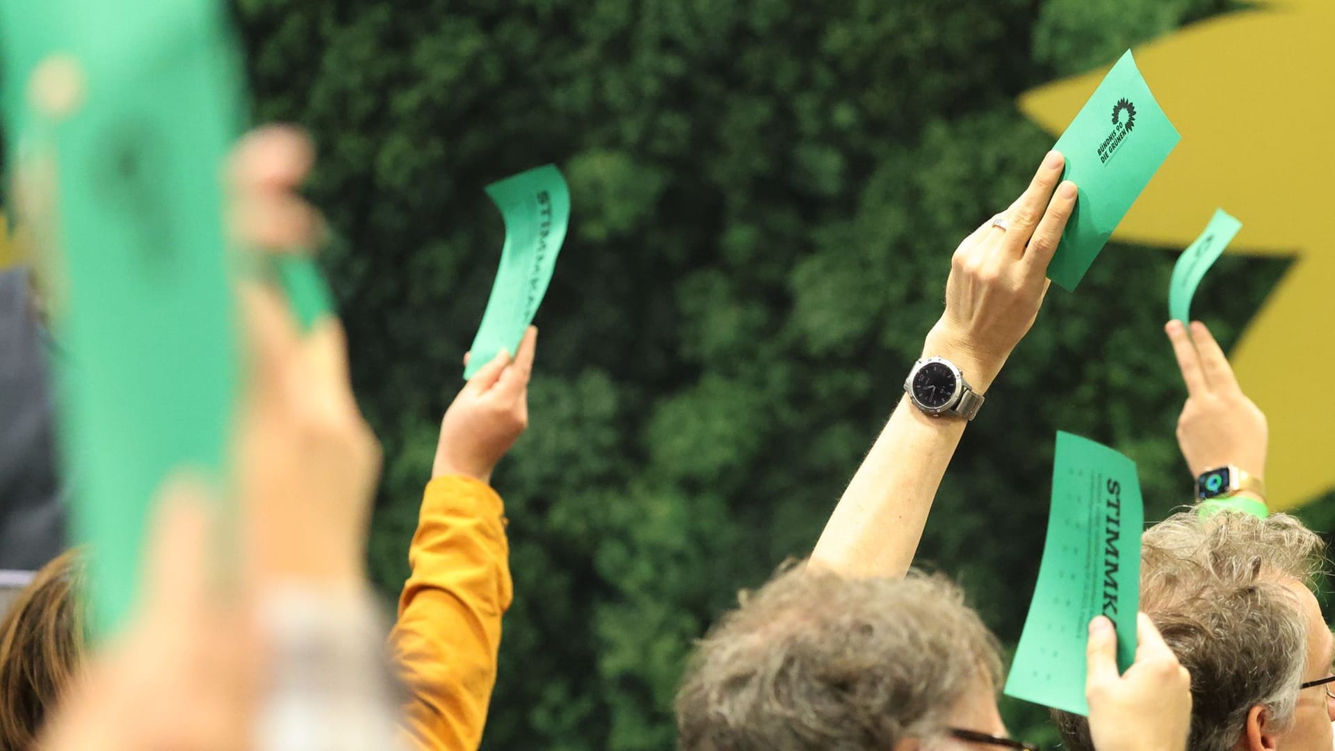 Teilnehmer halten bei der Landesmitgliederversammlung der Bremer Grünen Stimmkarten hoch (Symbolbild): Die Partei positioniert sich klar gegen rechts.