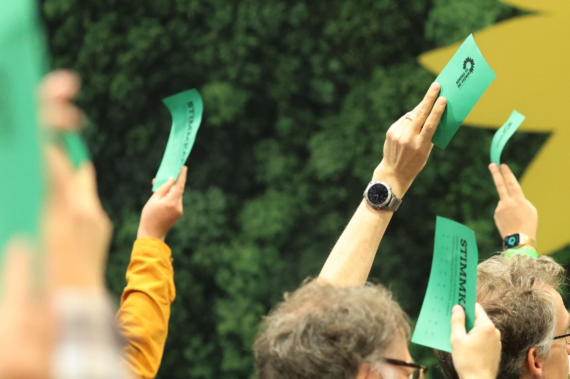 Teilnehmer halten bei der Landesmitgliederversammlung der Bremer Grünen Stimmkarten hoch (Symbolbild): Die Partei positioniert sich klar gegen rechts.