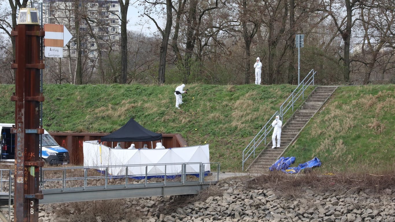 Köln: Polizisten untersuchen am Fundort einer Leiche die Umgebung.
