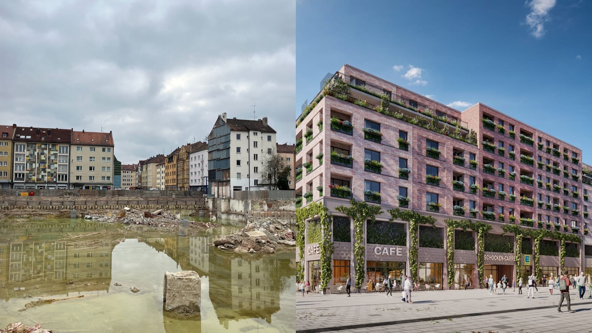 Die Realität am Aufseßplatz (l) und die Pläne (r) liegen aktuell weit auseinander: In der Baugrube hat sich ein "See" gebildet – das Wasser stand sogar schon einmal höher.