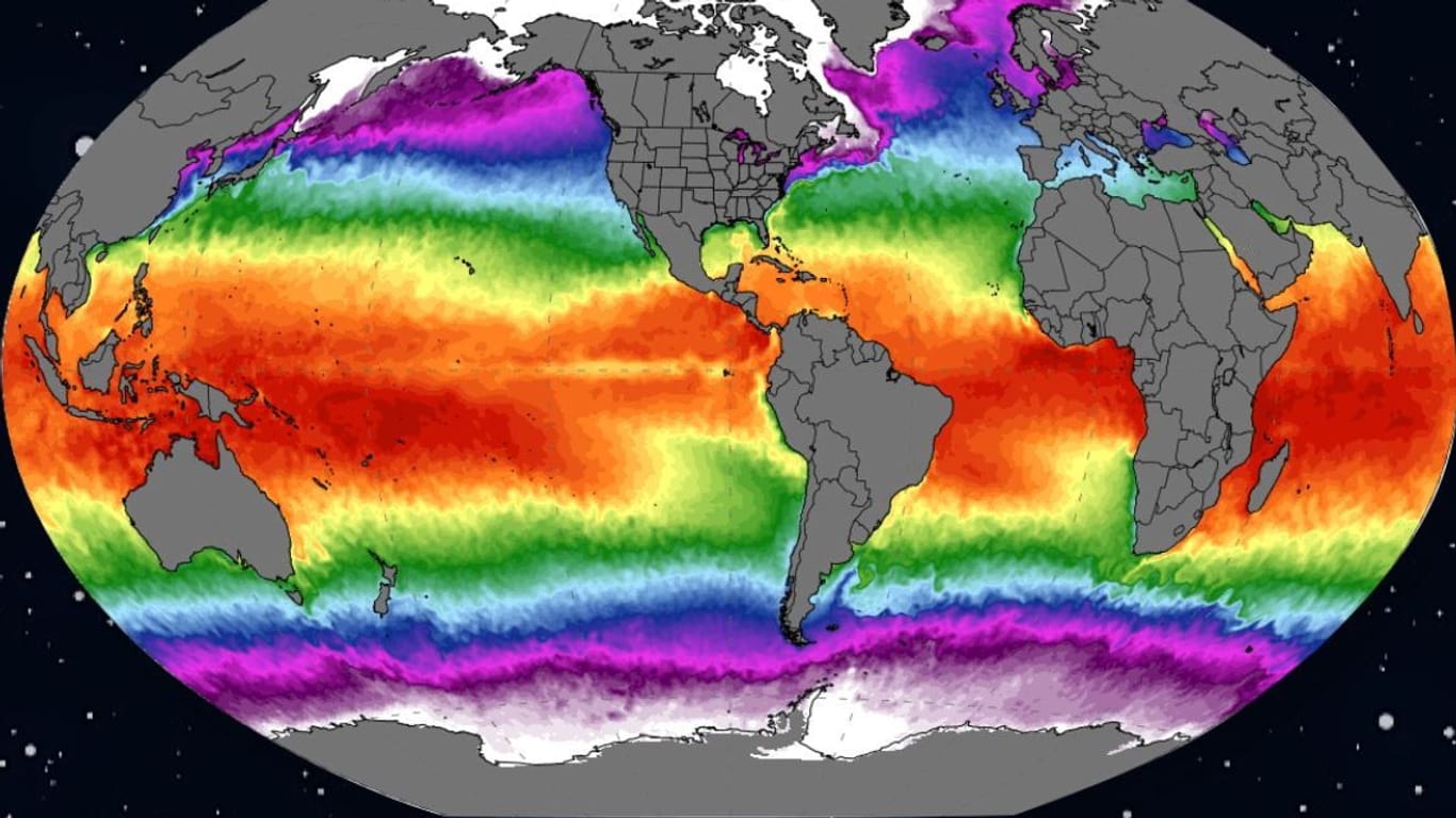 Die Meere werden wärmer: Diese Grafik zeigt die durchschnittliche Temperatur der Meeresoberfläche weltweit.