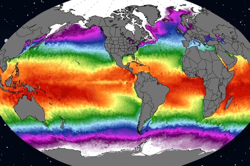 Die Meere werden wärmer: Diese Grafik zeigt die durchschnittliche Temperatur der Meeresoberfläche weltweit.