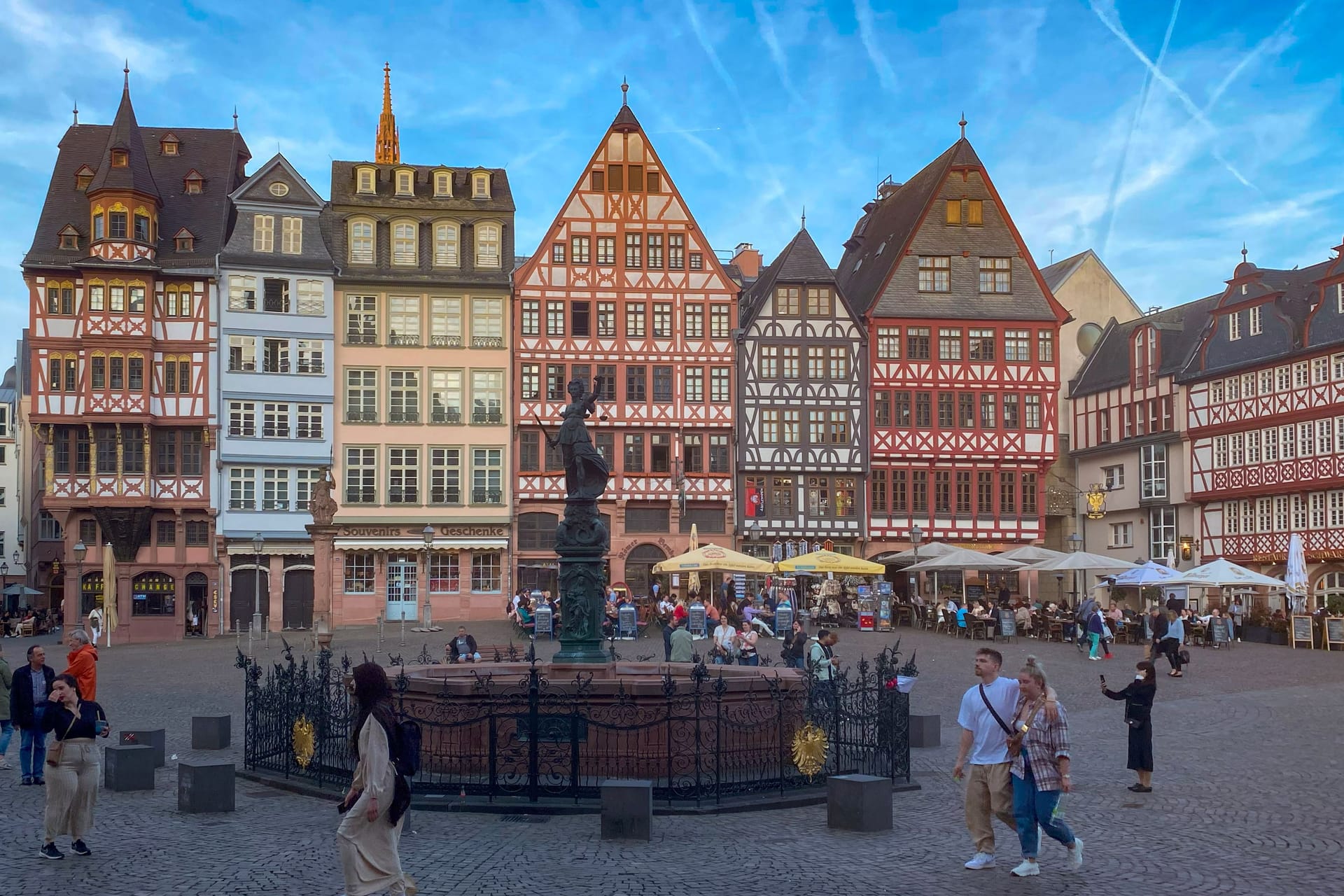 View of Romerberg in the historic heart of the medieval old town in Frankfurt