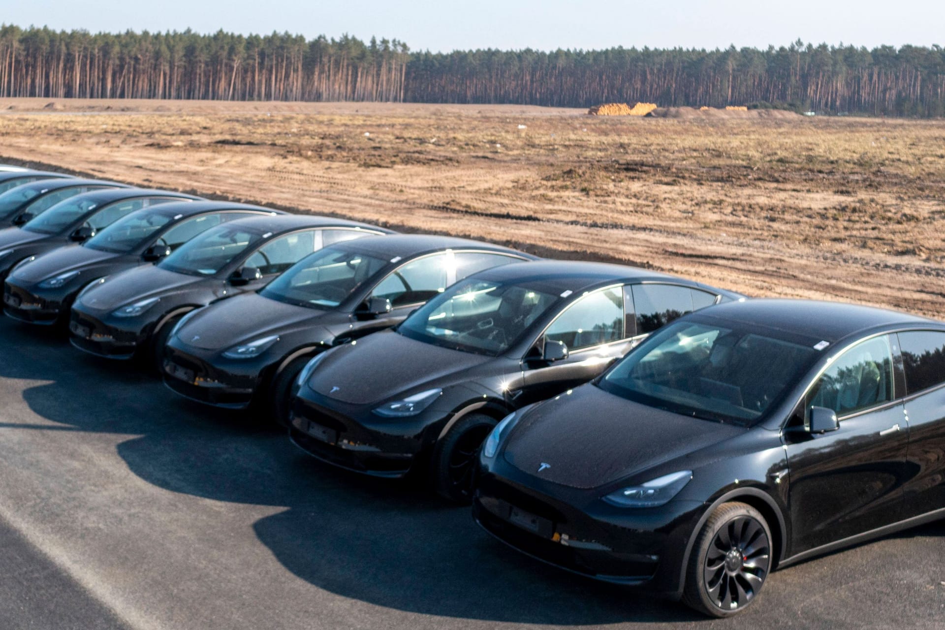 Neue Teslas vor der Fabrik in Grünheide (Archivbild): Die sogenannte "Gigafactory" wurde am Dienstag evakuiert.