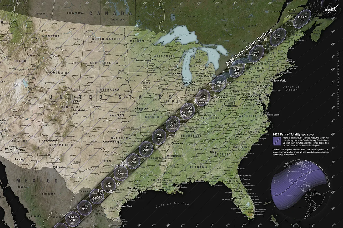 Die totale Sonnenfinsternis wird am 8. April 2024 in einem schmalen Gebiet über Nordamerika sichtbar sein, das sich von Texas nach Maine zieht.