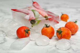 Frozen vegetables and ice cubes on marble table