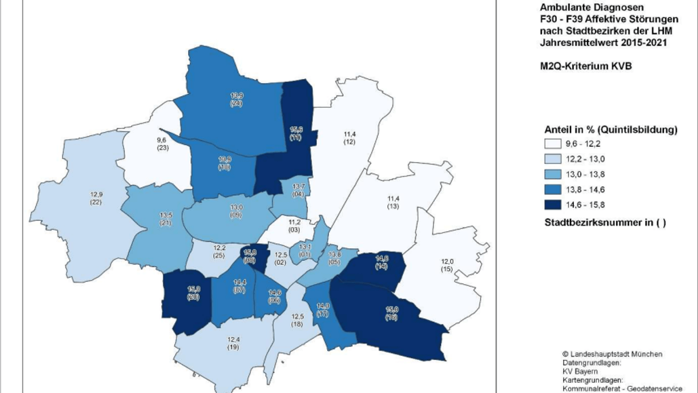 In dunkelblau die Stadtteile mit den höchsten Anteilen an affektiven Krankheiten, in weiß die mit den geringsten.