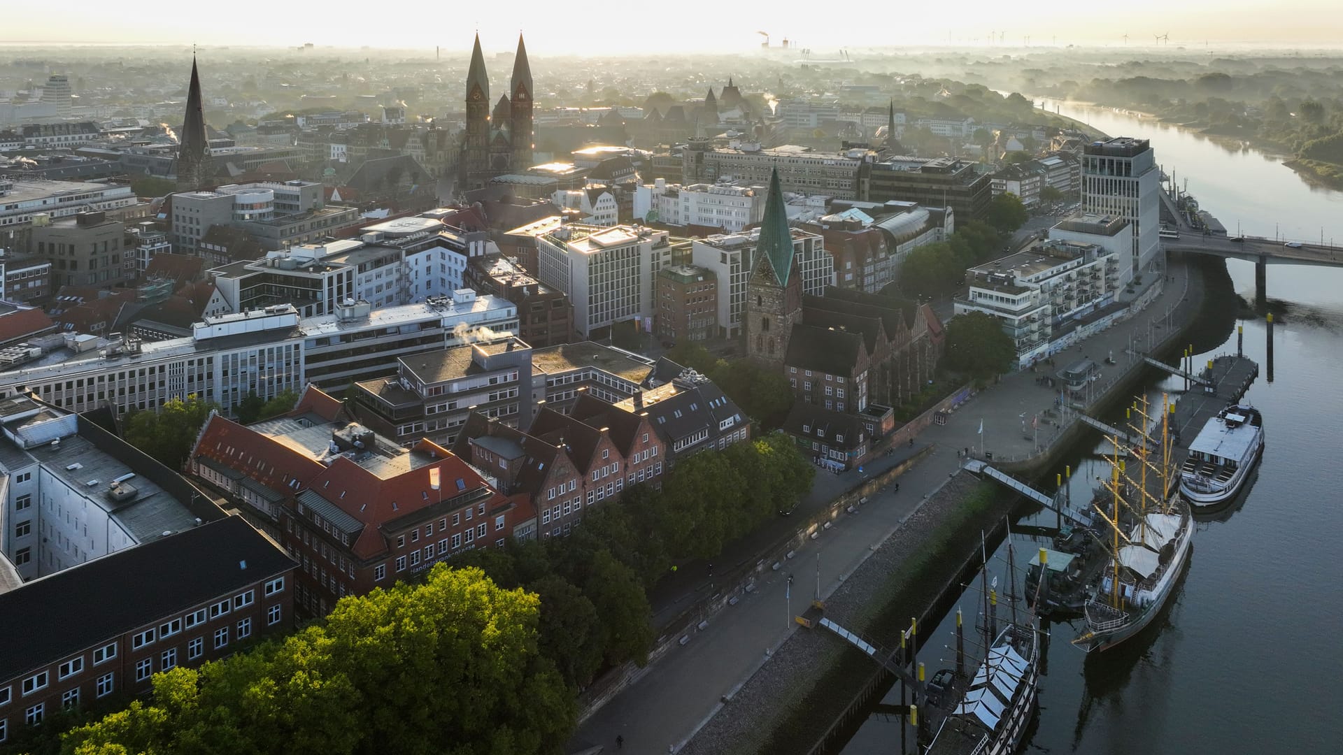 Bremen, Germany. Aerial View on Historical Center of Bremen, Marktplatz at Sunrise.