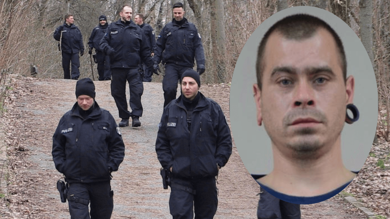 Polizisten stehen in einem Waldgebiet im Volkspark Prenzlauer Berg: Mit diesem Foto suchen die Ermittler nach Zeugen.