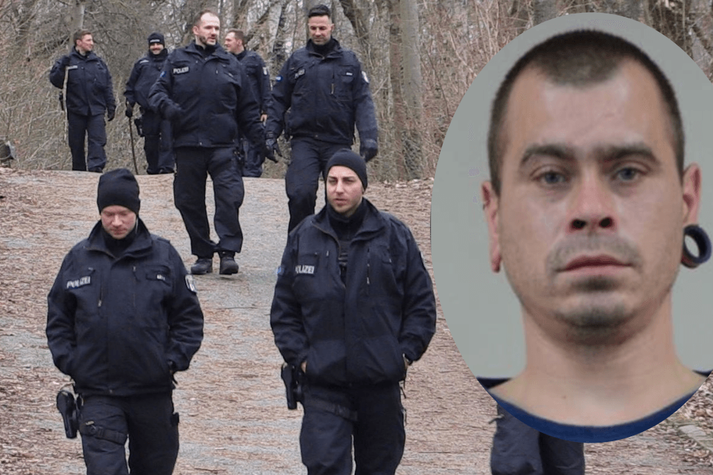 Polizisten stehen in einem Waldgebiet im Volkspark Prenzlauer Berg: Mit diesem Foto suchen die Ermittler nach Zeugen.