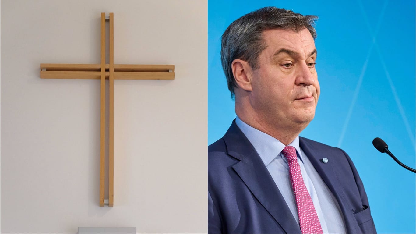 Ein Kreuz in einem Gericht und Markus Söder (Archivbilder): Die Richter in Karlsruhe müssen sich wohl bald mit der Kreuzpflicht in Bayern befassen.