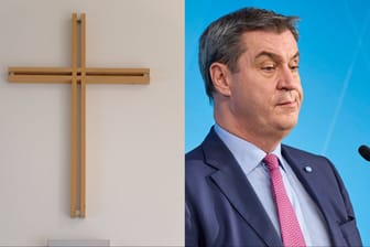 Ein Kreuz in einem Gericht und Markus Söder (Archivbilder): Die Richter in Karlsruhe müssen sich wohl bald mit der Kreuzpflicht in Bayern befassen.