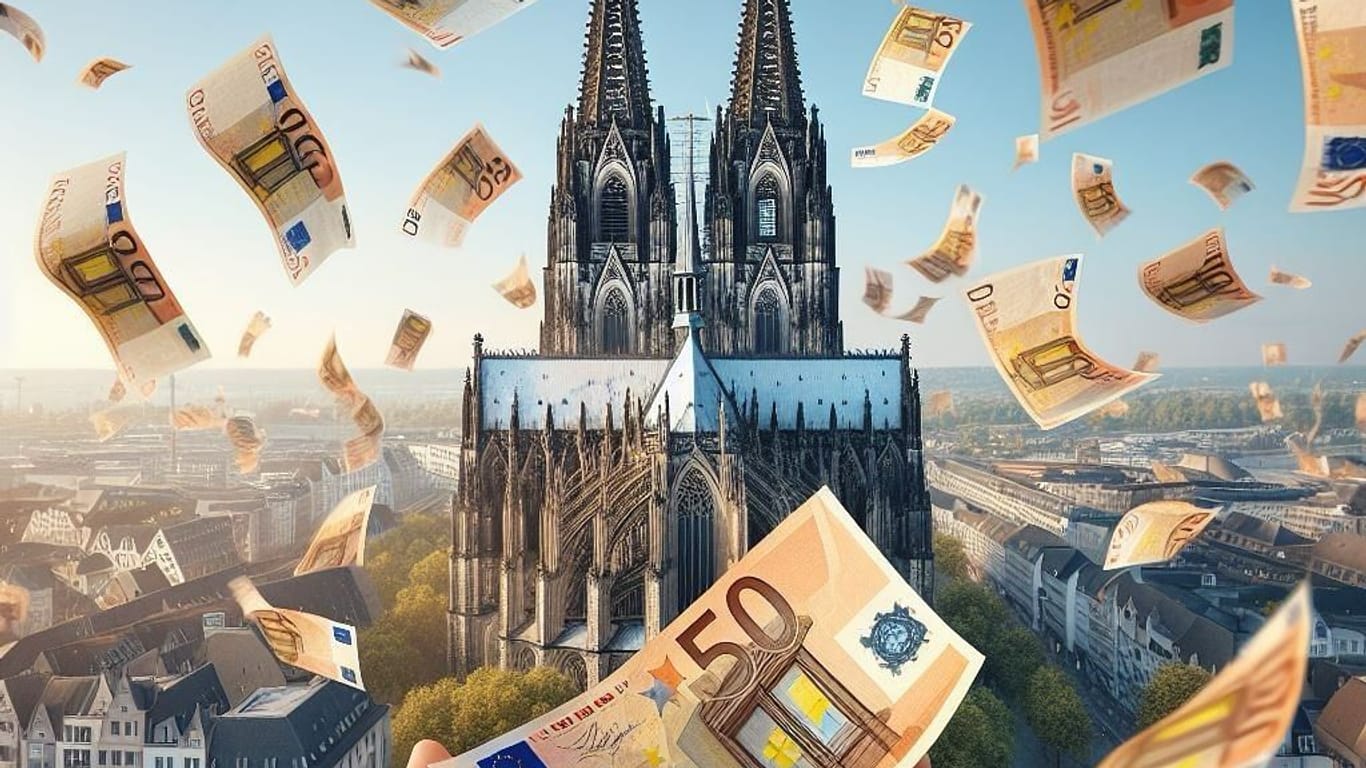 Animation auf dem Instagram-Account: "cash_catch_cologne_. 50-Euro-Scheine fliegen auf den Kölner Dom zu.
