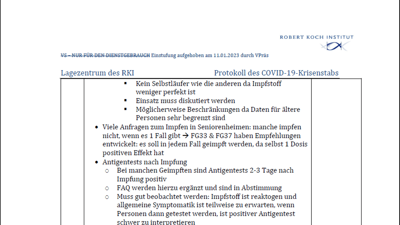 Ausschnitt des RKI-Protokolls vom 08.01.2021: Er belegt die Zweifel an dem Astra Zeneca-Impfstoff.