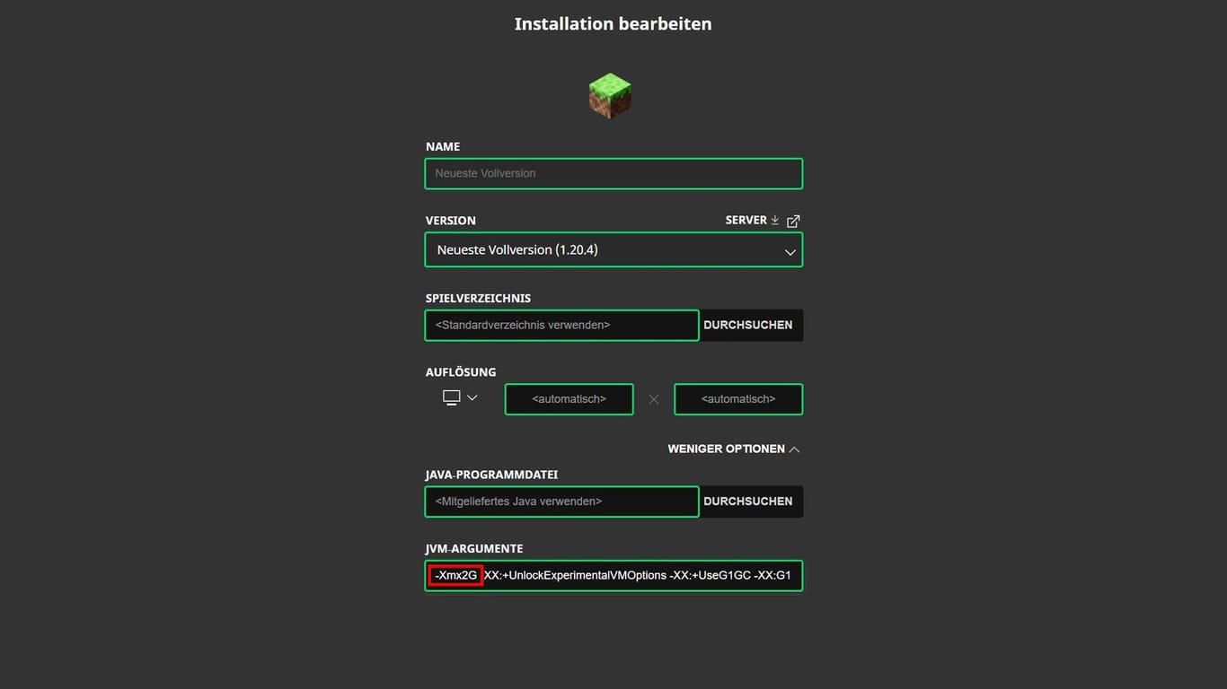 4. Schritt: Im Bereich JVM-Argumente können Sie jetzt den zugewiesenen Arbeitsspeicher mit dem Befehl "-Xmx[Zuzuweisender RAM]" anpassen. M steht dabei für Megabyte und G für Gigabyte.