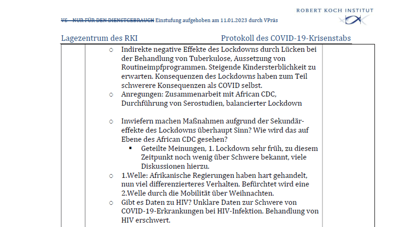 Ausschnitt des RKI-Protokolls vom 16.12.2020: Der Text bezieht sich vor allem auf die Lage in Afrika.
