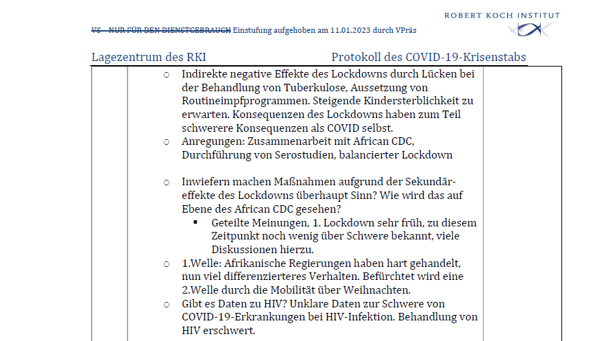 Ausschnitt des RKI-Protokolls vom 16.12.2020: Der Text bezieht sich vor allem auf die Lage in Afrika.