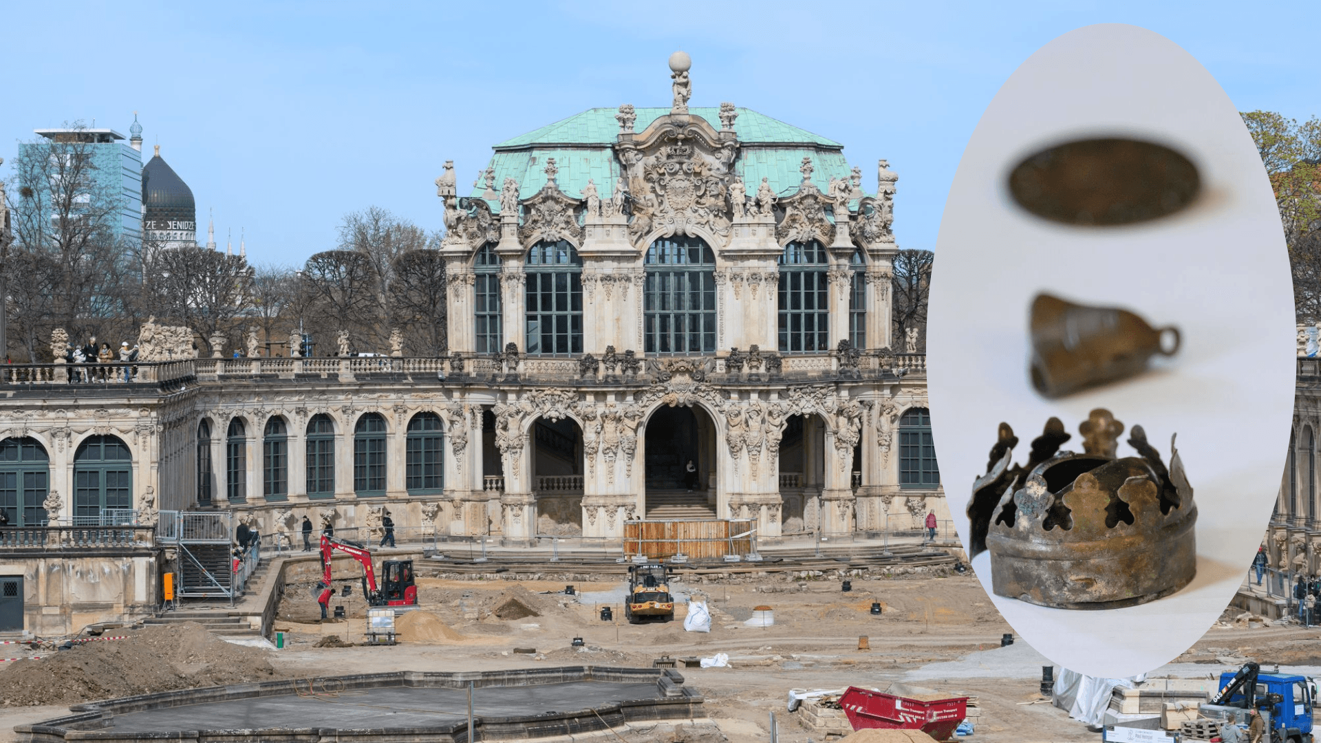 Blick auf die Baustelle im Innenhof des Zwingers mit dem Wallpavillon sowie Fundstücke, die Archäologen bei den Grabungen auf insgesamt 14.000 Quadratmetern entdeckt haben.