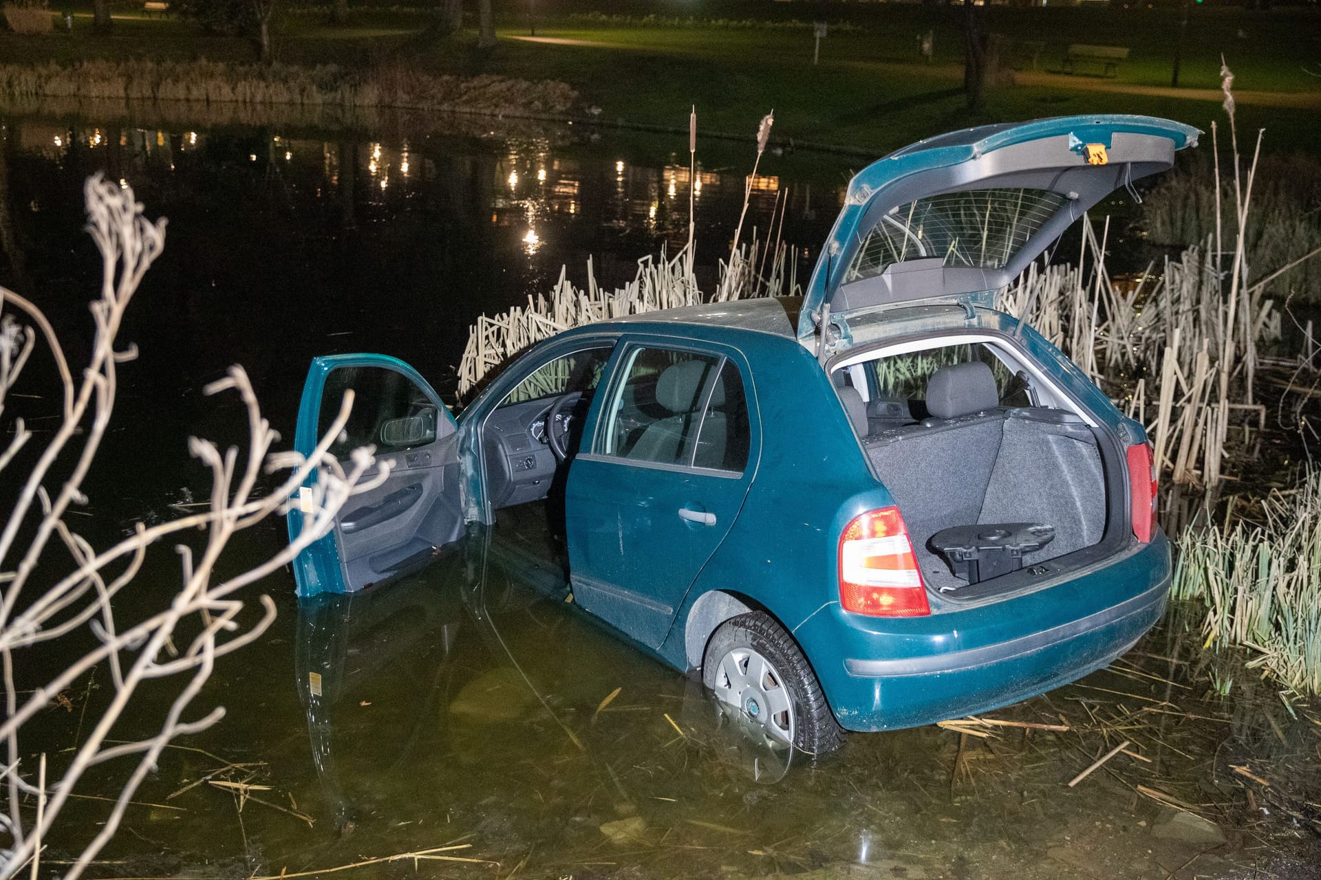 Ein Skoda Fabia wurde in einem Teich im Essener Stadtgarten entdeckt: Wie er dorthin kam, wird nun von der Polizei geklärt.