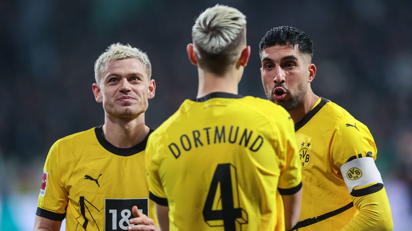 Julian Ryerson, Nico Schlotterbeck und Emre Can (v. l. n. r.): Einer der BVB-Stars muss trotz Sieg harte Kritik einstecken.
