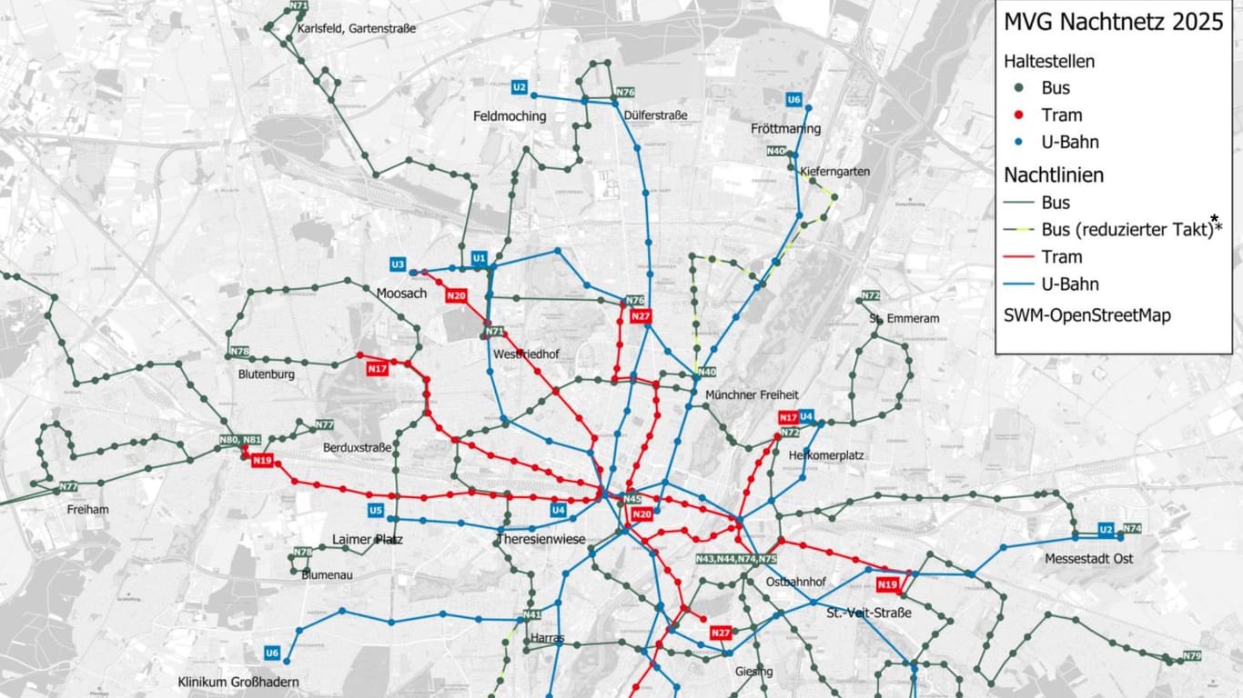 So könnte das künftige Nachtnetz an Wochenenden mit U-Bahn, Tram und Bus aussehen.