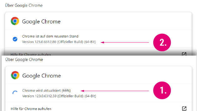 Chrome aktualisiert sich automatisch (1.): Sobald das blaue Häkchen erscheint, müssen Sie den Browser nur noch neu starten (2.).