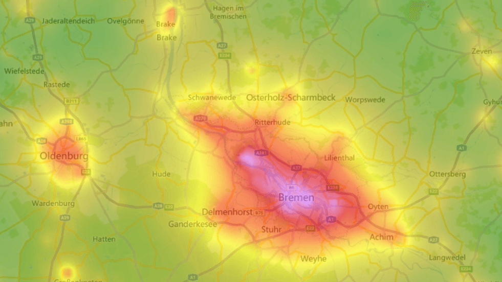 Keine Chance auf einen unverstellten Blick auf den Nachthimmel. Im Stadtgebiet Bremens ist die Lichtverschmutzung besonders hoch, wie die rot, rosa und lila gefärbten Flächen zeigen.