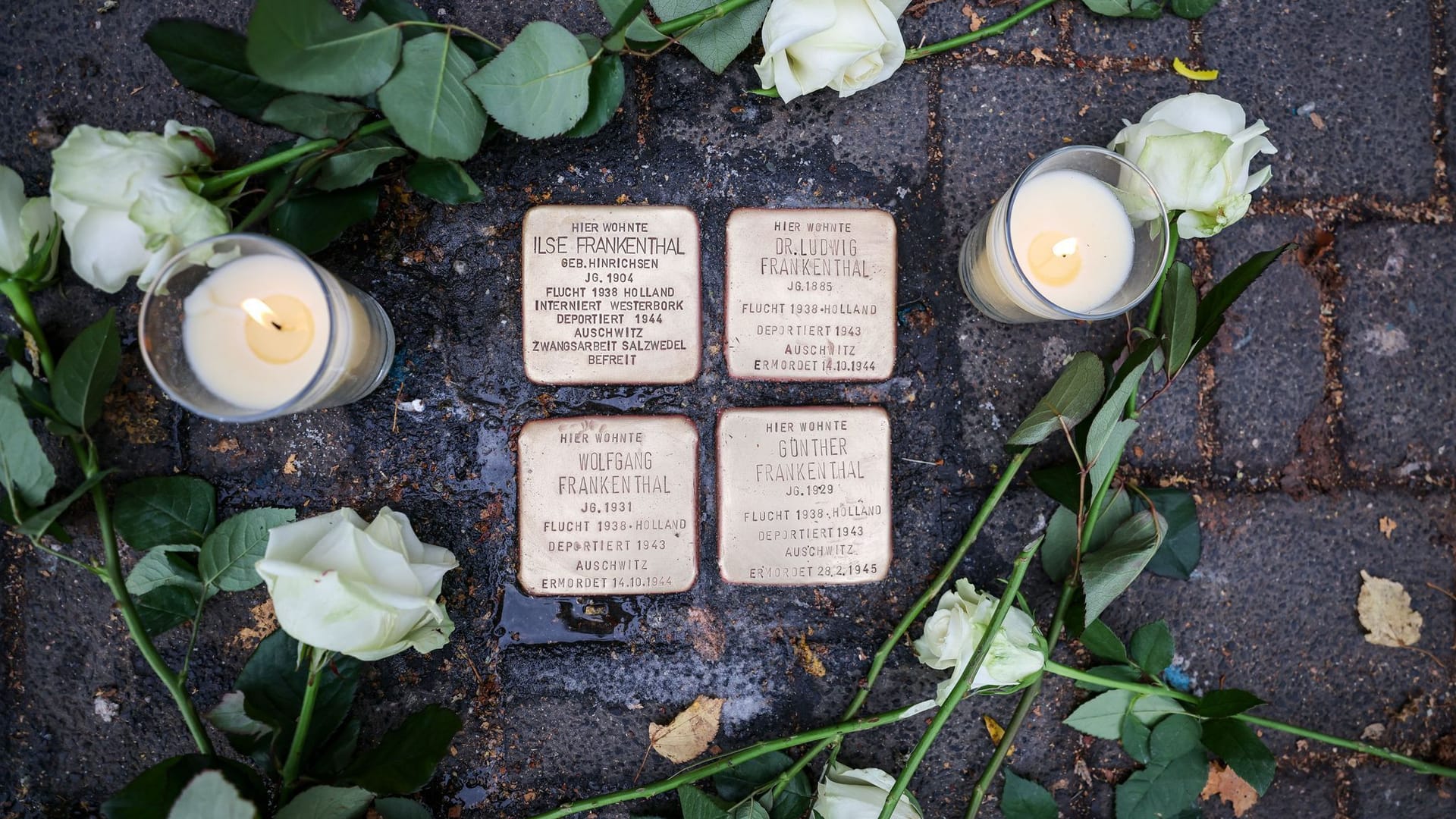 Weiße Rosen und Kerzen: Sie liegen und stehen neben den Stolpersteinen, die an das Schicksal der jüdischen Familie Frankenthal erinnern.