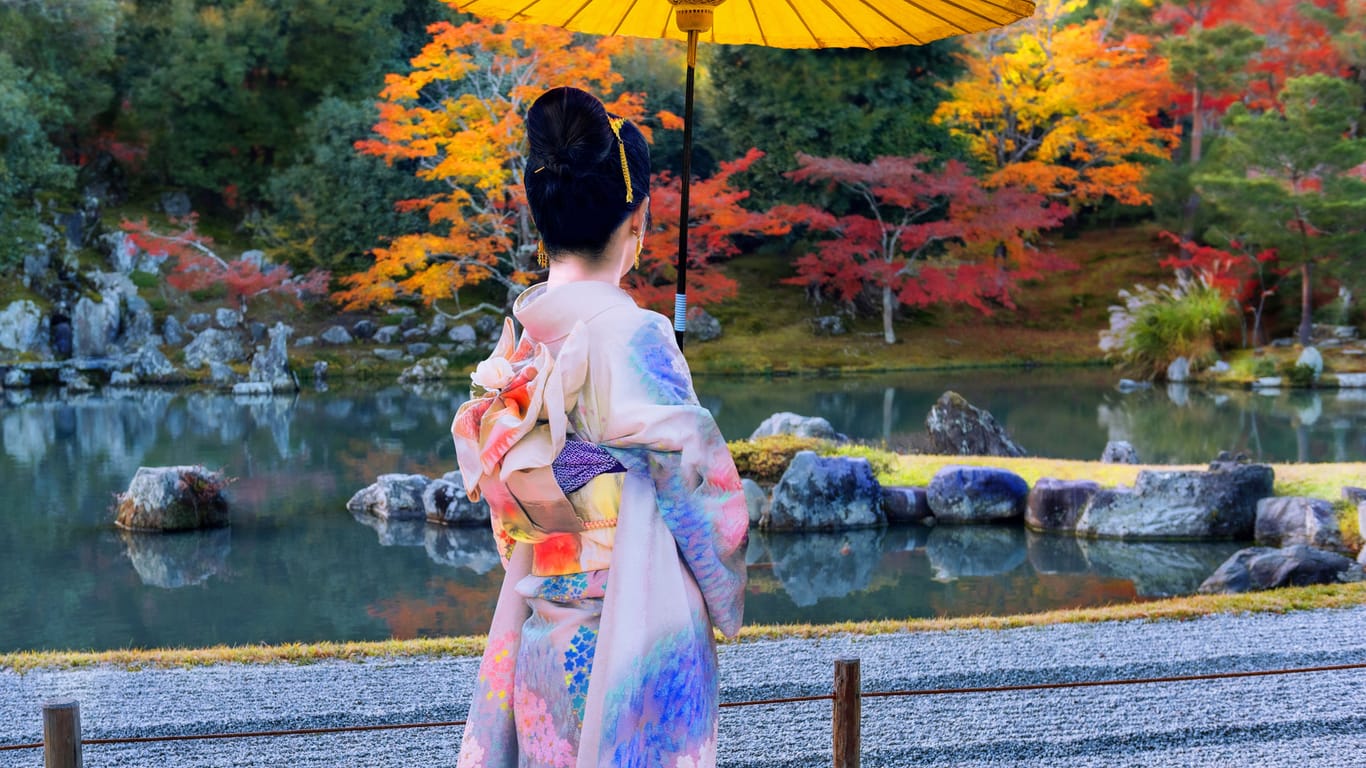 Woman in kimono with yellow umbrella in park during autumn.