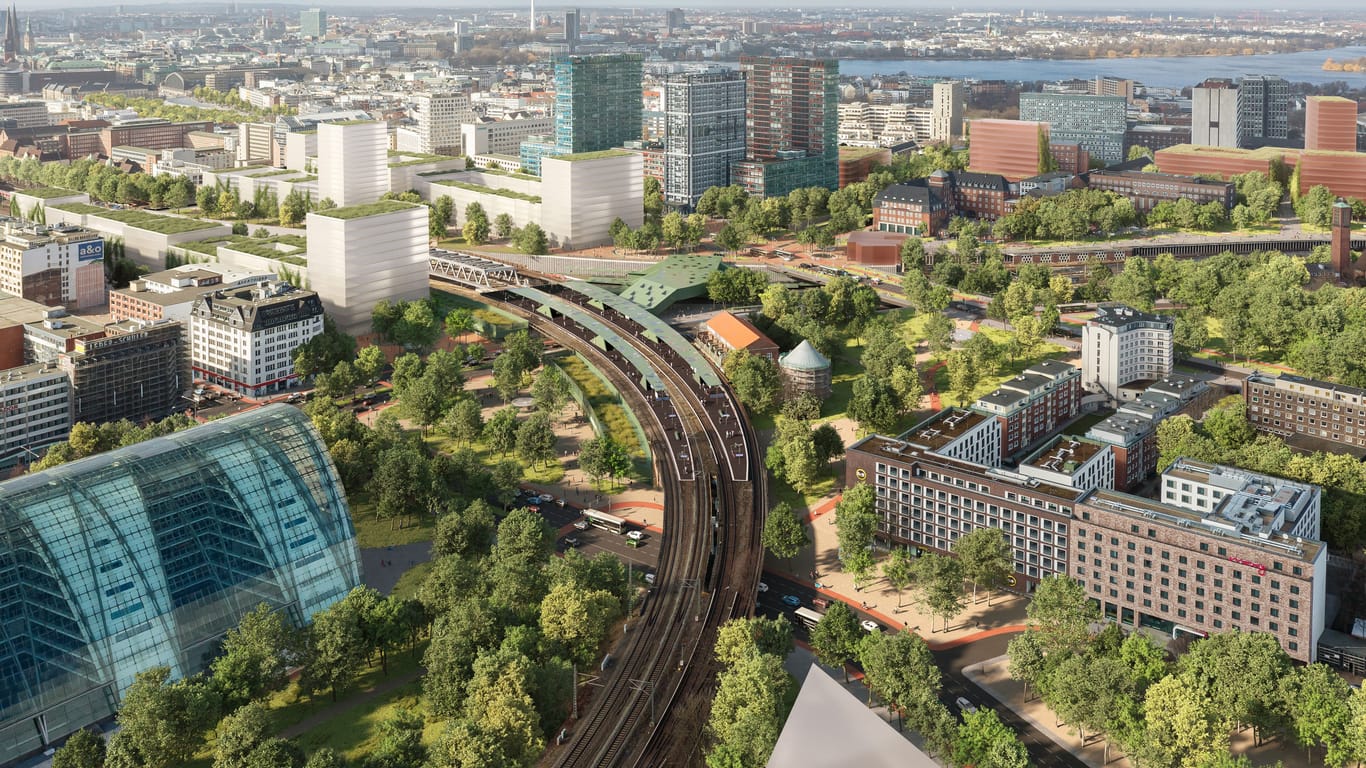 Viel Grün am Berliner Tor: Die Visualisierung zeigt, wie das Bahnhofsgebiet künftig aussehen könnte.