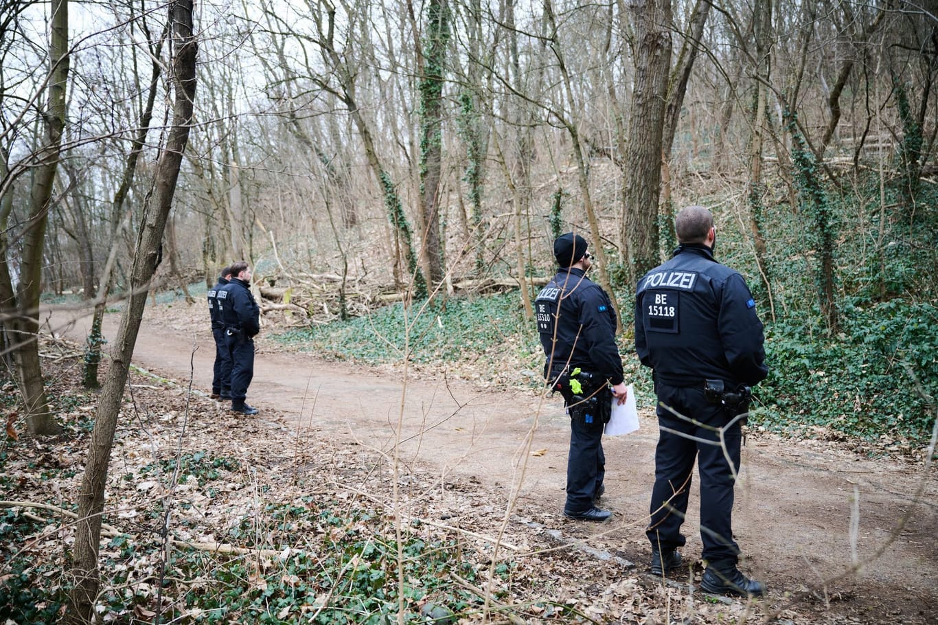 Polizisten stehen in einem Waldgebiet im Volkspark Prenzlauer Berg: Dort wurde ein abgetrennter Oberschenkel gefunden.