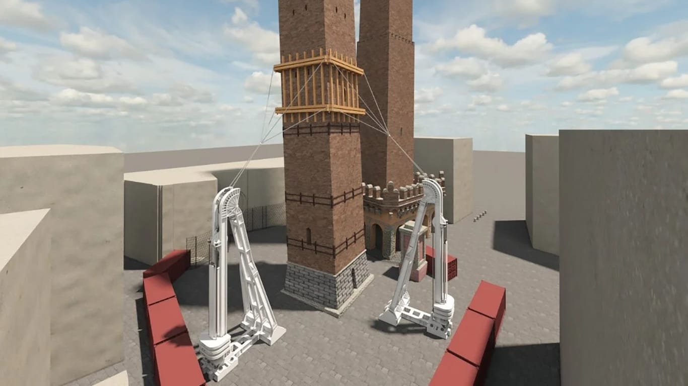 Eine Grafik veranschaulicht, wie der Turm von Bologna mit zwei Masten gesichert werden soll.