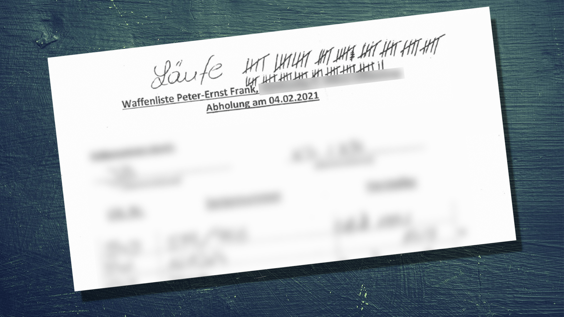 Liste der Läufe, die nicht registriert wurden. Mit Strichliste festgehalten, so kann nicht nachvollzogen werden, welche Waffen es waren.